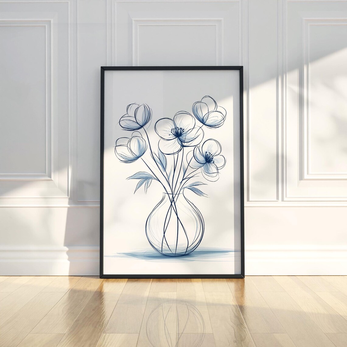 Delicate Blue Flower Bouquet Line Art Poster for Bedroom Decor
