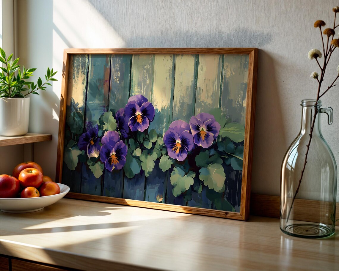 Purple Pansies Rustic Wooden Fence Vintage Garden Floral Wall Art - Image 3