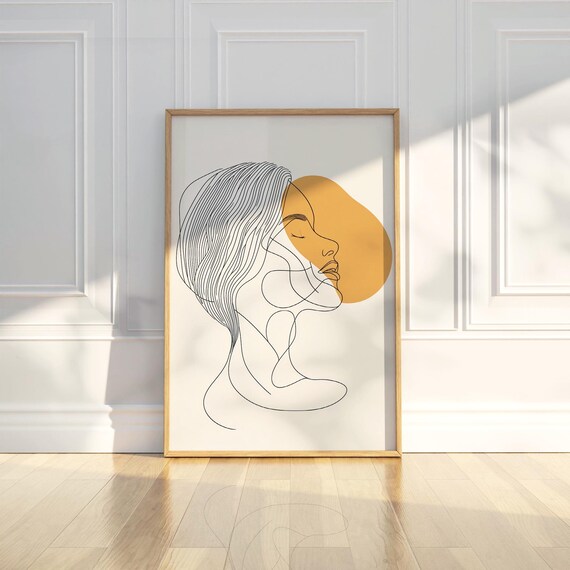 Woman Face Line Art Mustard Sun Abstract Minimalist Modern Poster