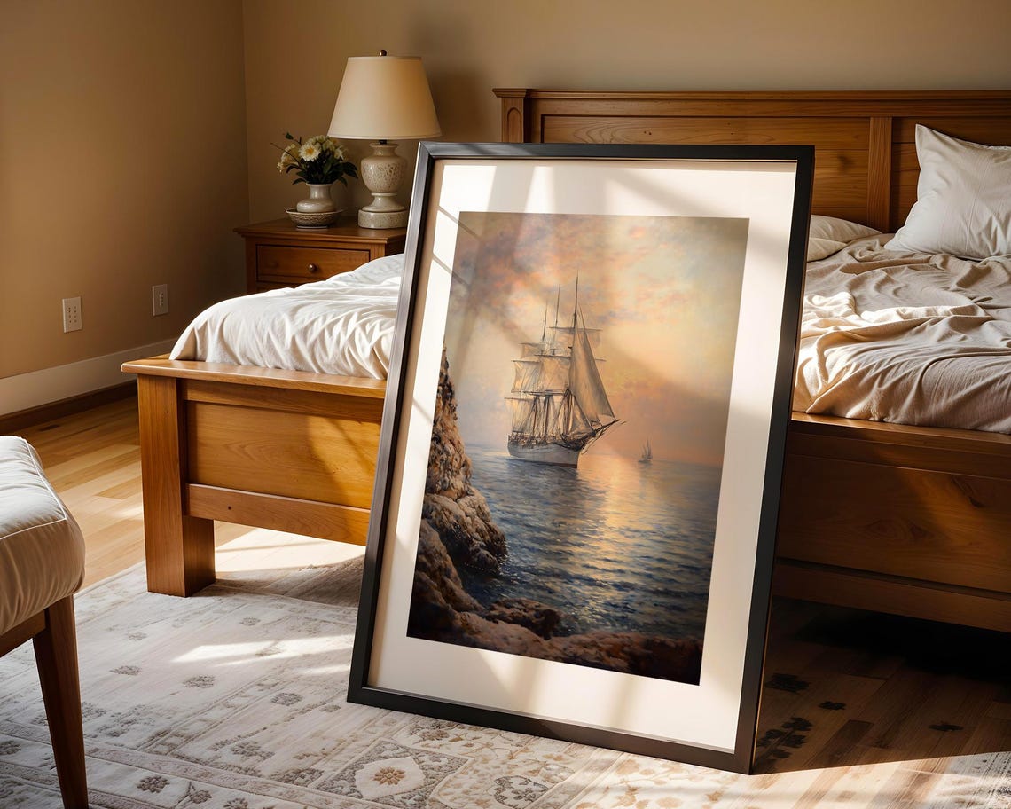Tall Sailing Ship At Sunset Realistic Ocean Seascape Art Poster - Image 4