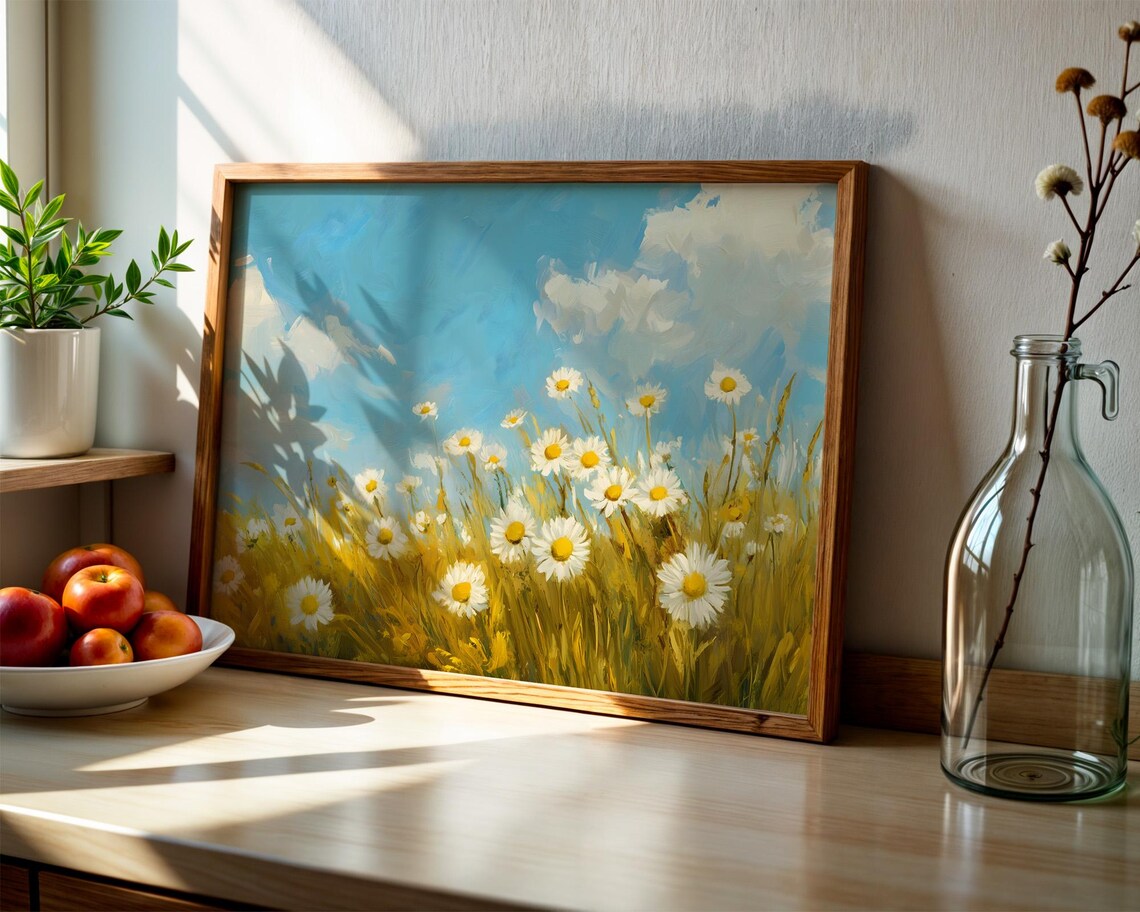 Wild Daisies Golden Wheat Field Blue Sky Summer Meadow Wall Art - Image 3