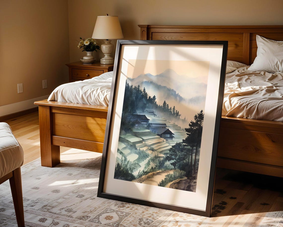 Serene Misty Rice Terraces Farmhouses Watercolor Asian Poster - Image 4