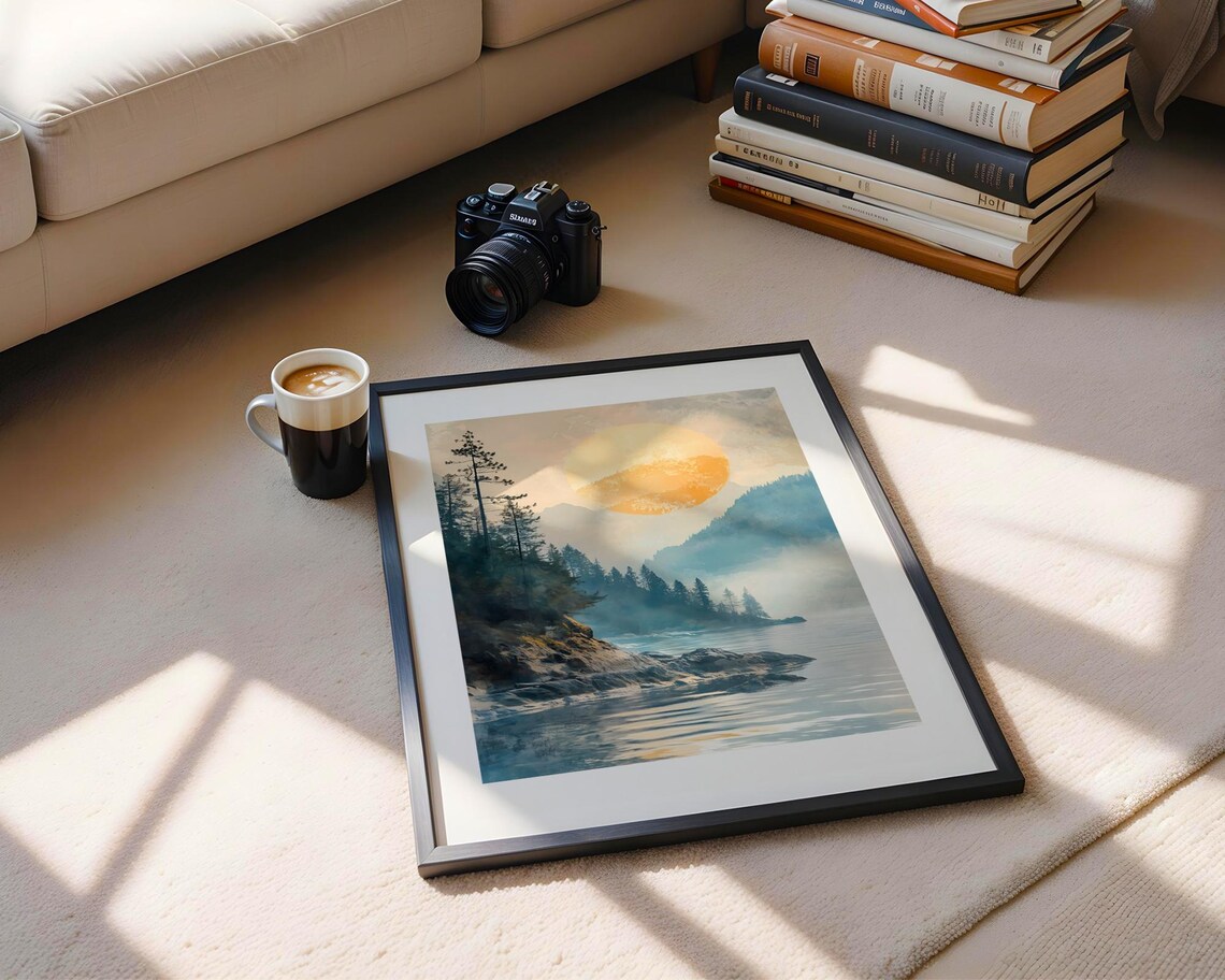 Misty Lakeside Pines Golden Sun Calm Watercolor Landscape Poster - Image 5