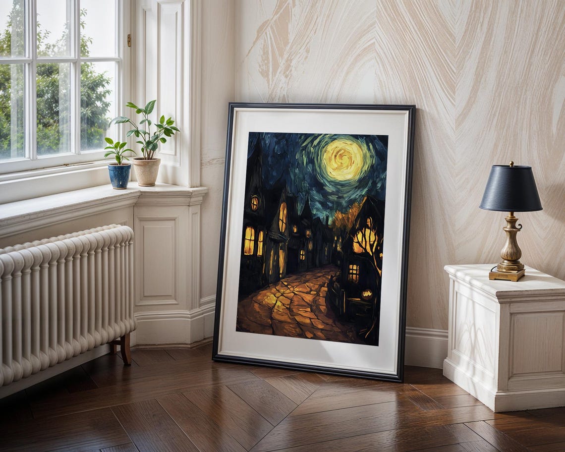 Moonlit Cobblestone Street Night Village Scene Old Town Poster - Image 4