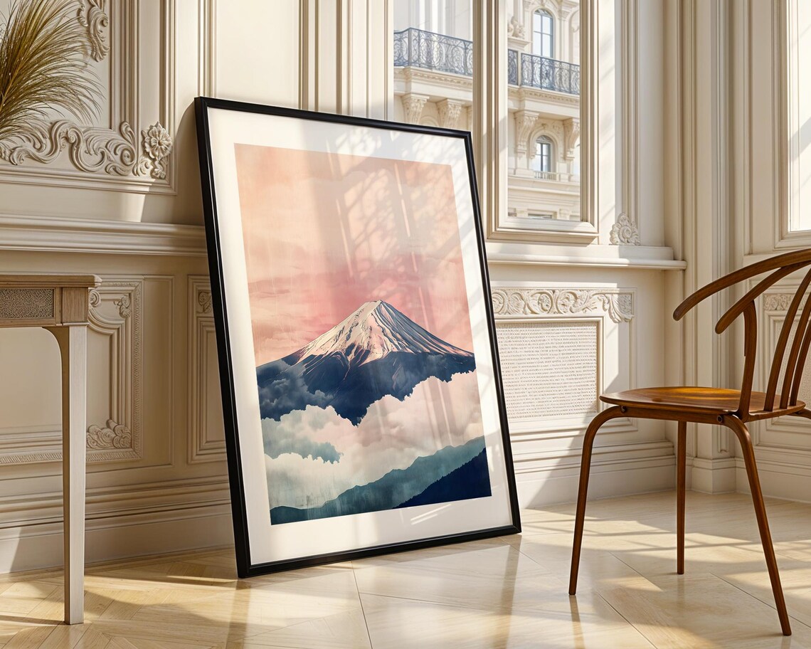 Mount Fuji Above Soft Pink Clouds Japanese Watercolor Art Poster - Image 3