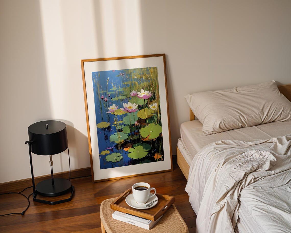 Water Lilies Blue Pond Lily Pads Tranquil Floral Oil Painting Poster - Image 2