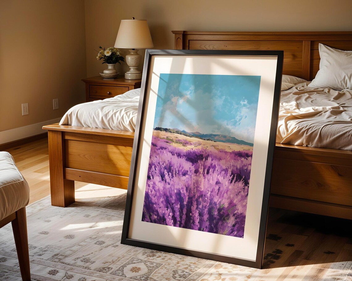 Purple Lavender Field Stretching Under Bright Blue Summer Sky Poster - Image 3