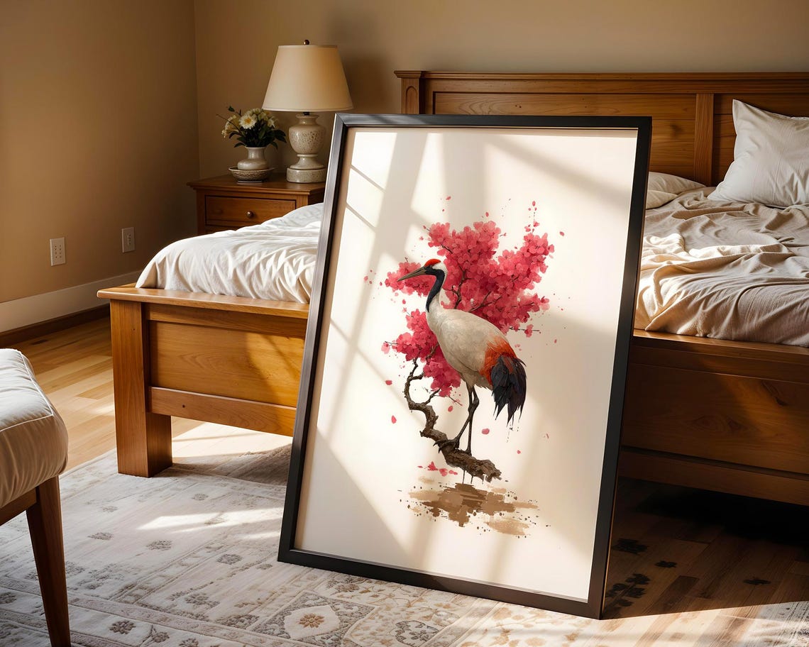 Red Crowned Crane Cherry Blossom Watercolor Japanese Painting Poster - Image 5