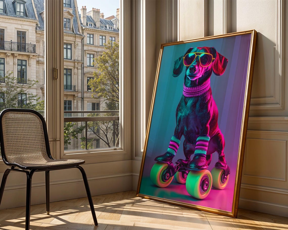 Cool Dachshund Neon Sunglasses Roller Skates Retro Pop Dog Wall Art - Image 3