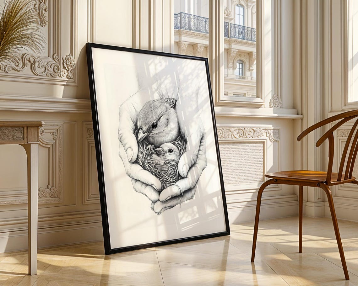 Gentle Hands Cupping Bird And Chick In Nest Pencil Sketch Poster - Image 4