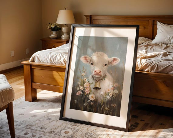 Floral Cute Baby Highland Cow Wall Art Print Farmhouse Nursery Animal Illustration Calf Bell Wildflowers Room Kids Playroom Decor Gift