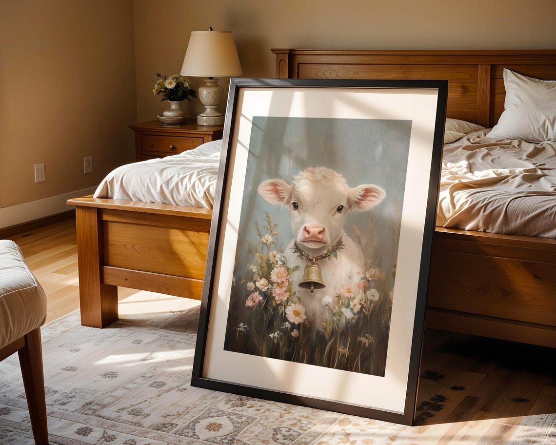 Floral Cute Baby Highland Cow Wall Art Print Farmhouse Nursery Animal Illustration Calf Bell Wildflowers Room Kids Playroom Decor Gift