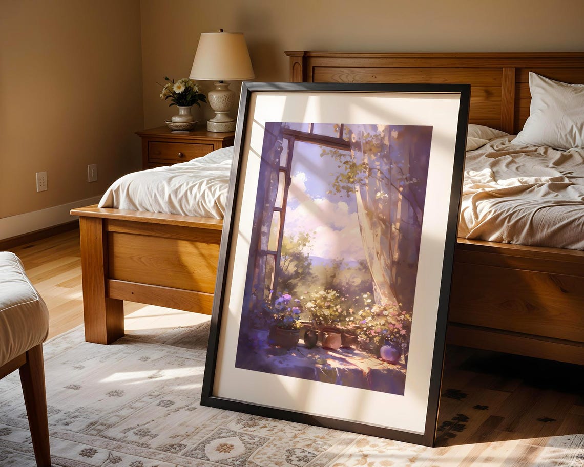 Open Window Flower Pots Dreamy Watercolor Interior Art Poster - Image 4