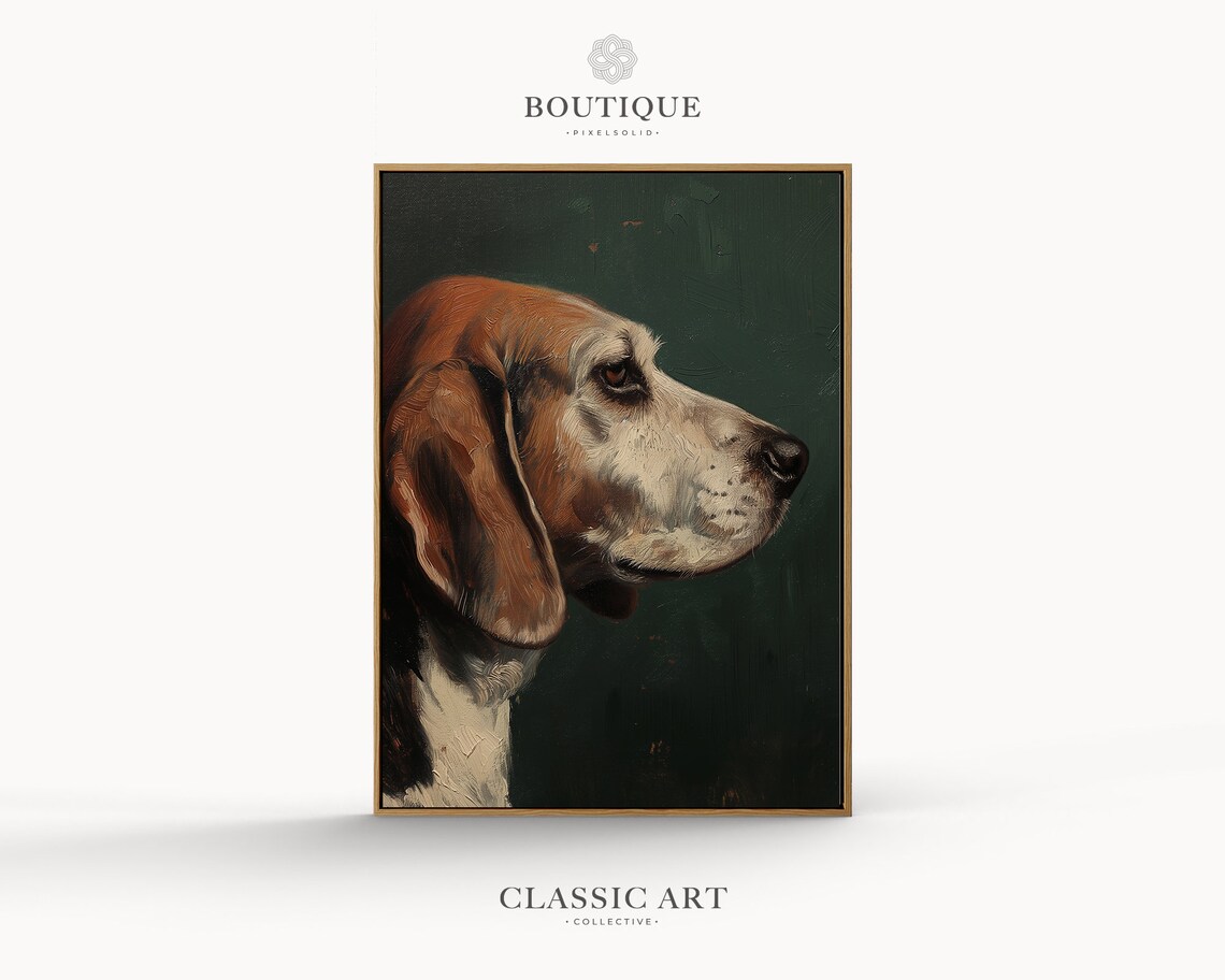 Beagle Profile Oil Painting Dark Green Classic Dog Portrait Poster
