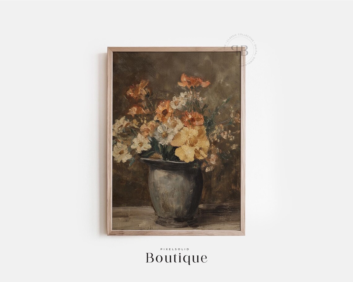 Moody Vintage Floral Still Life Poster Orange Blossoms in Dark Vase