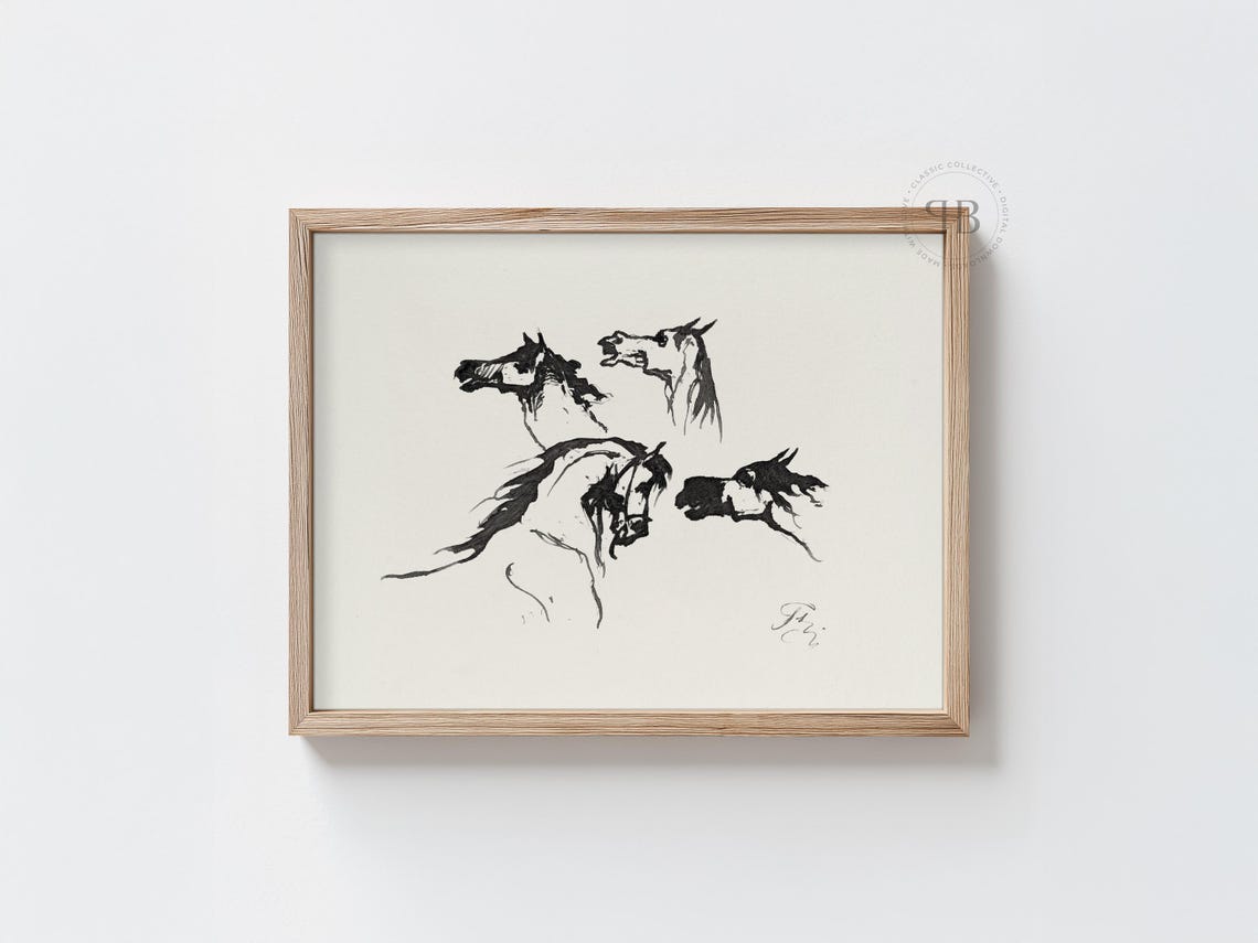Wild Horses Ink Sketch Minimalist Equestrian Line Drawing Poster