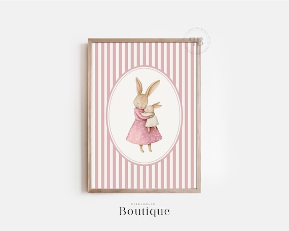 Mother And Baby Bunny Pink Striped Nursery Watercolor Art Print