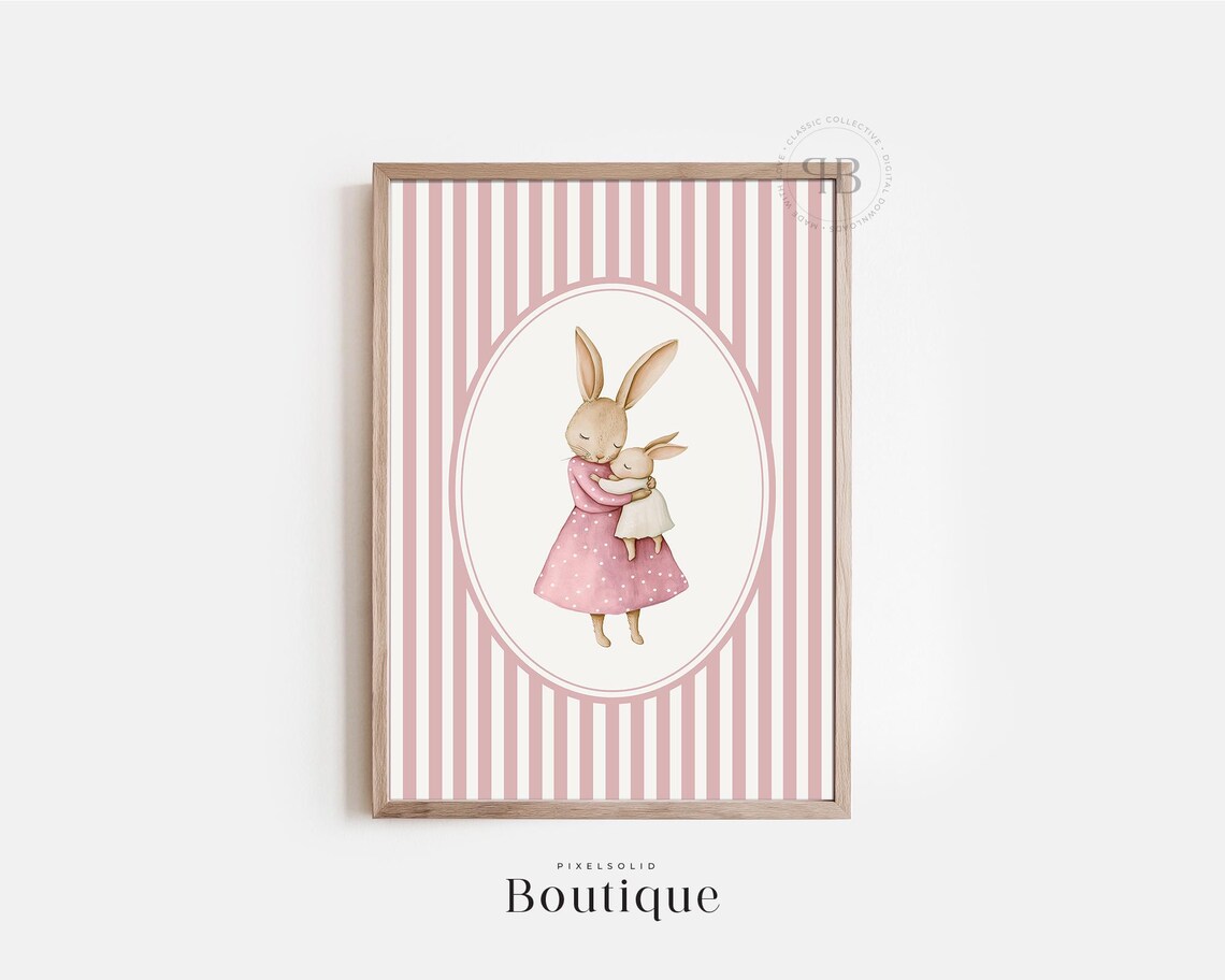 Mother And Baby Bunny Pink Striped Nursery Watercolor Art Print