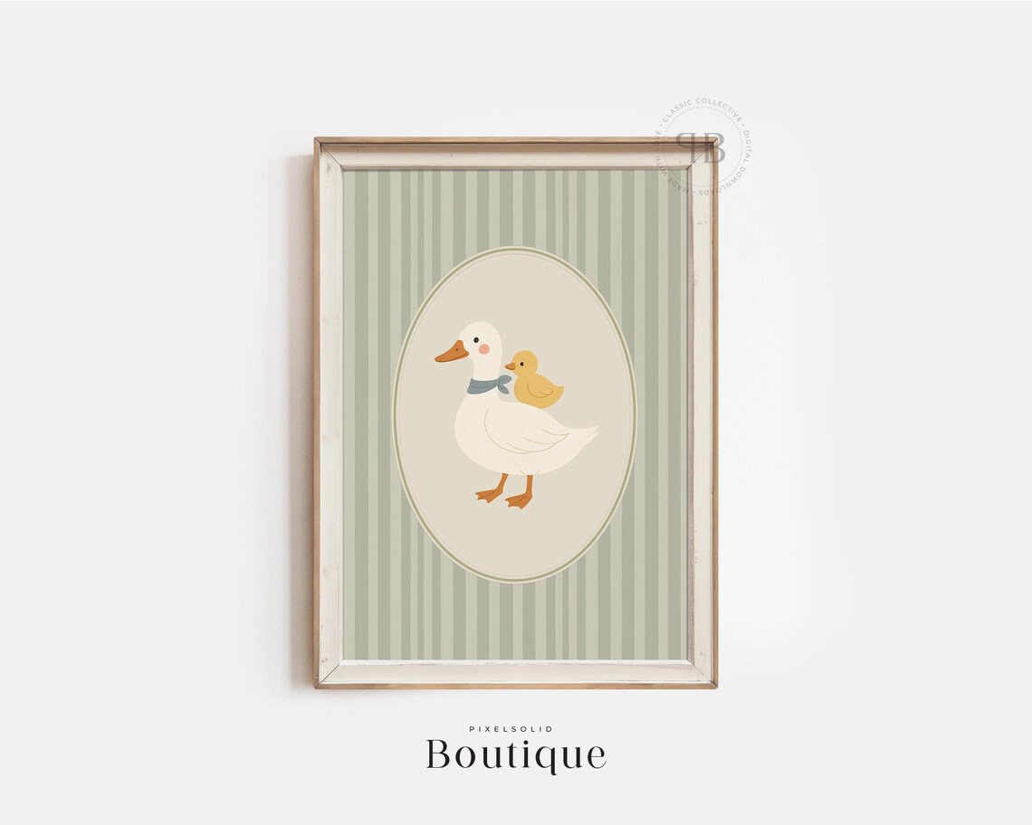 Mother Duck With Duckling Vintage Sage Nursery Animal Poster