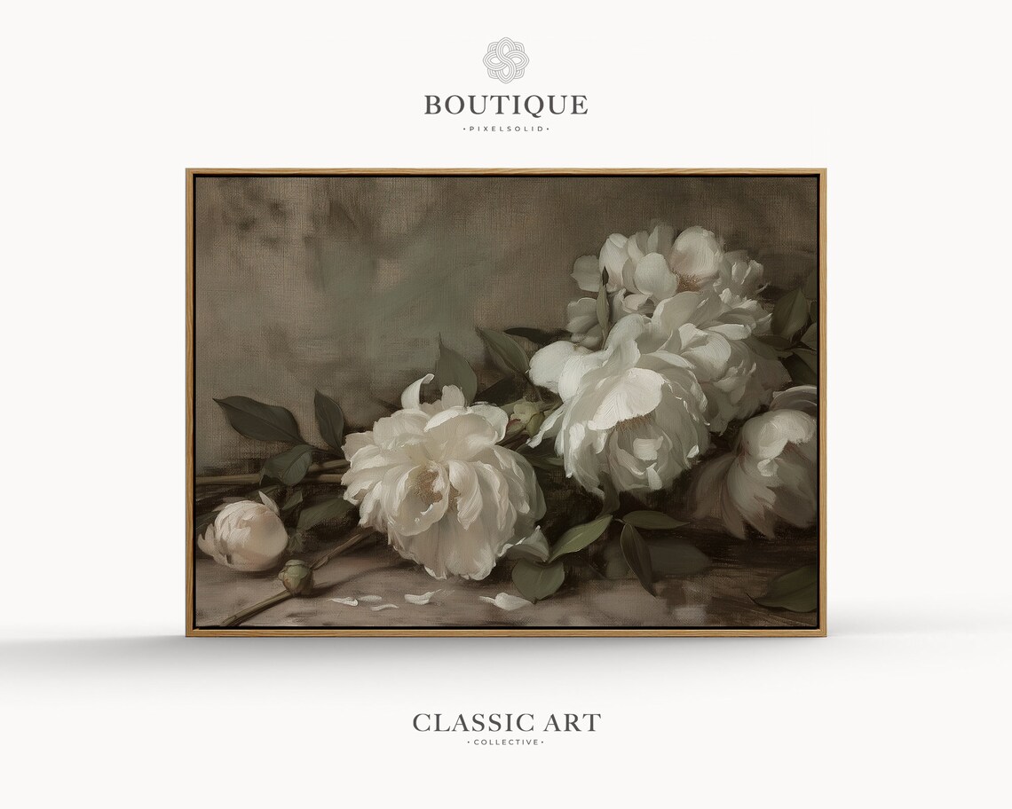 Vintage White Peony Flowers Oil Painting Art Print