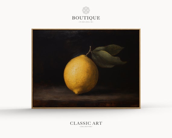Classic Still Life Oil Painting Of Lemon Decor For Rustic Farmhouse French Kitchen Art Moody Print Fine No148