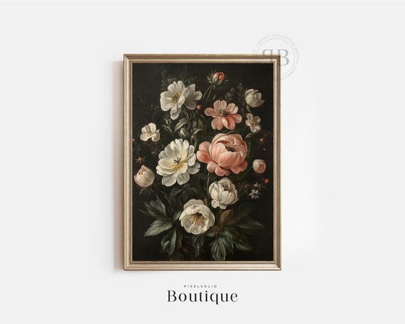 Floral Wall Art Peony And Rose Print Dark Botanical Flower Vintage Style Oil Painting Poster No588