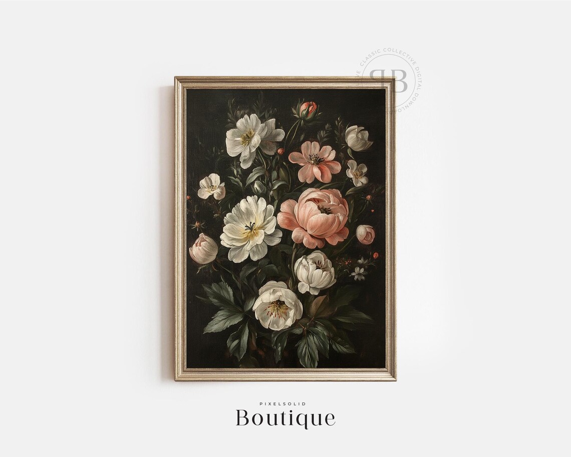 Dark Moody Floral Oil Painting Of White And Pink Peonies Print