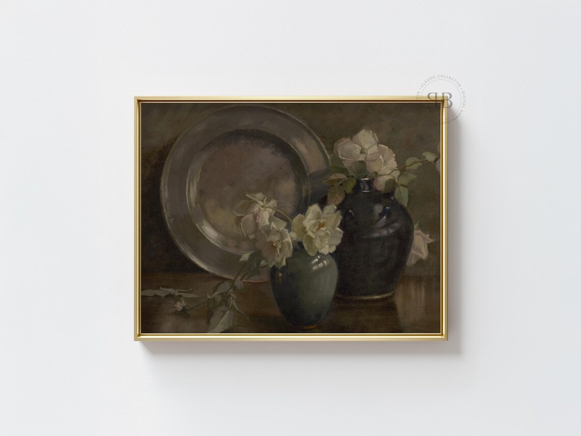 Moody White Roses Still Life Oil Painting Dark Vase Floral Art Poster