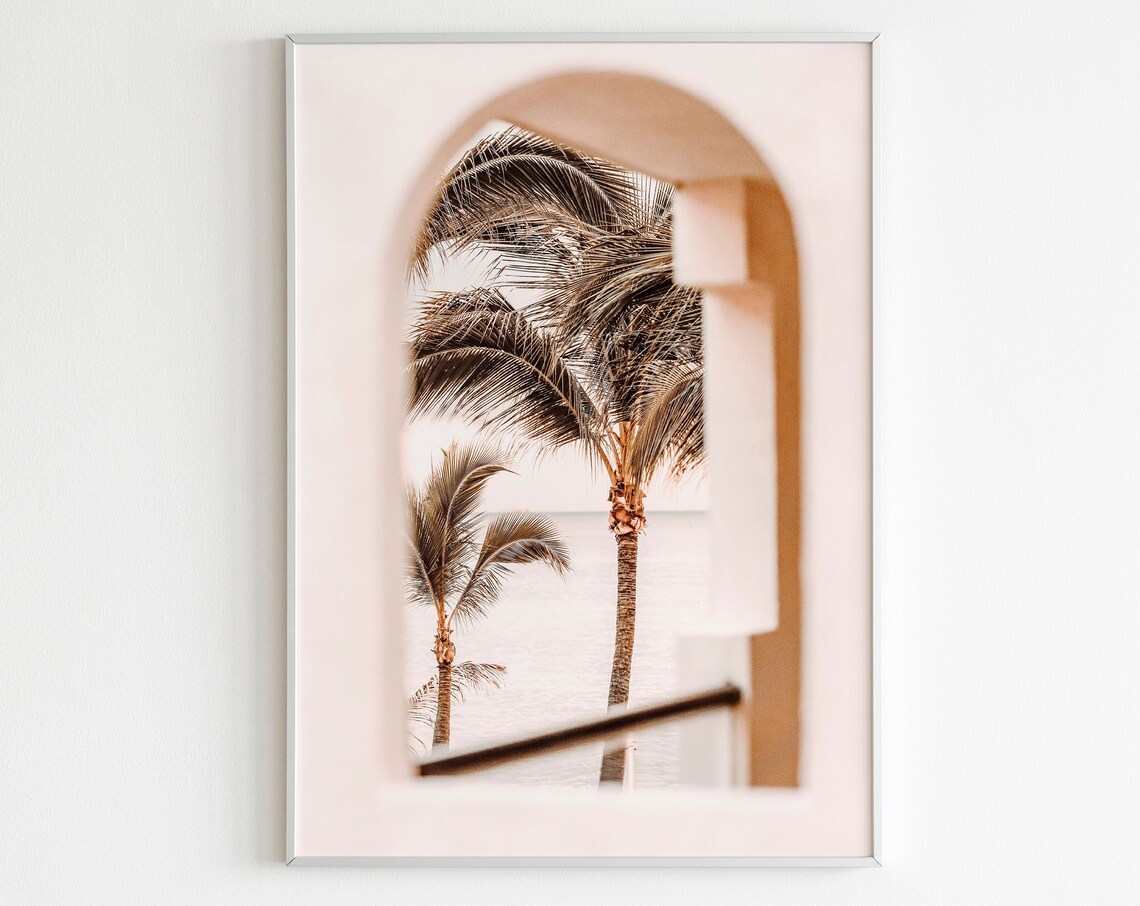 Palm Tree Sunset, Minimal Sage Green Art Print