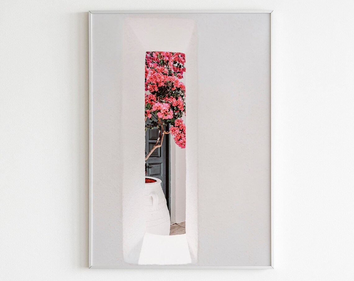 Santorini White Archway with Pink Bougainvillea Photography Poster