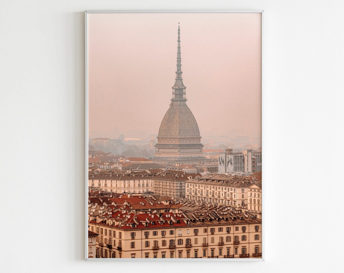 Turin Mole Antonelliana Rooftops Pastel Photo Italy City Travel Poster