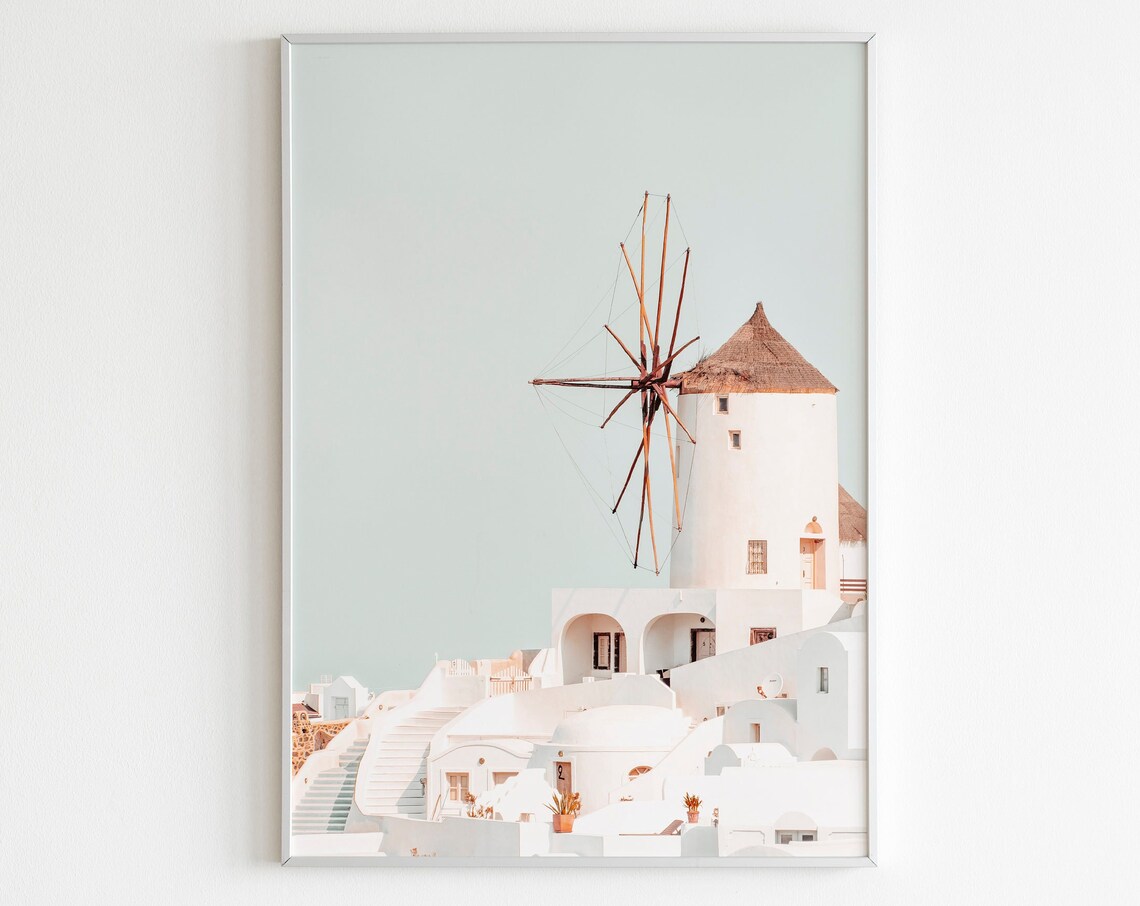 Santorini Windmill White Village Oia Greece Pastel Photo Travel Poster