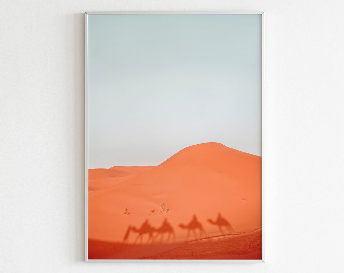 Sahara Camel Caravan Shadows on Red Dunes Photography Poster