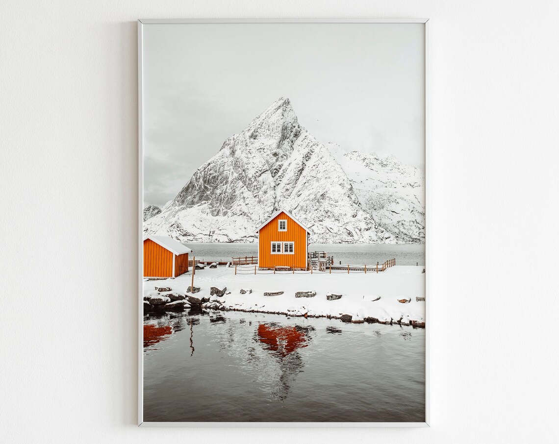 Norway Red Cabin Snow Mountain Fjord Winter Landscape Photo Poster