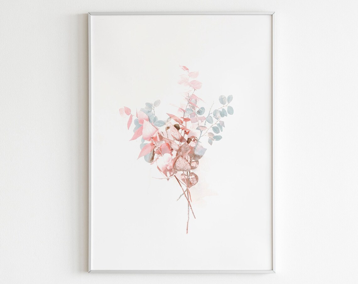 Blush Pink Watercolor Leaves Branch Delicate Floral Wall Art