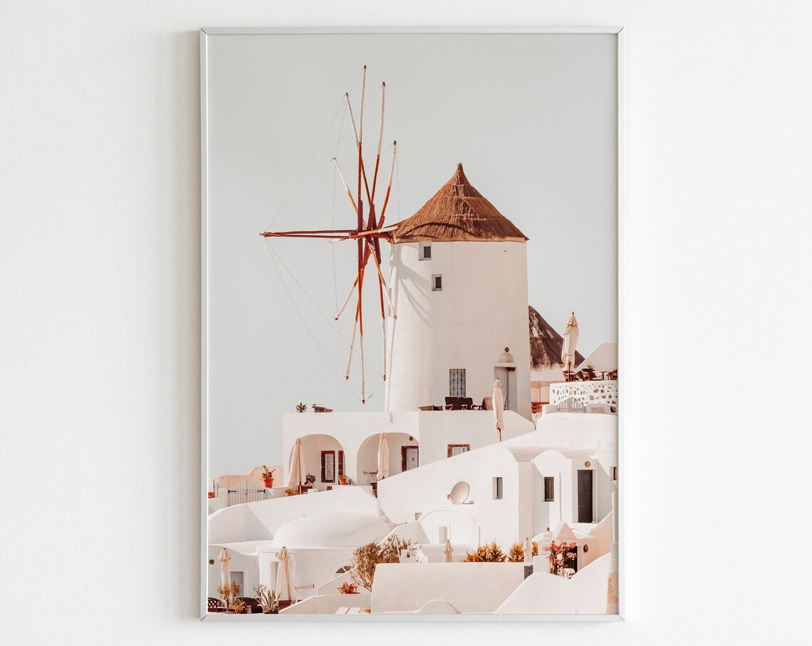 Santorini Windmill Above Whitewashed Village Photography Poster
