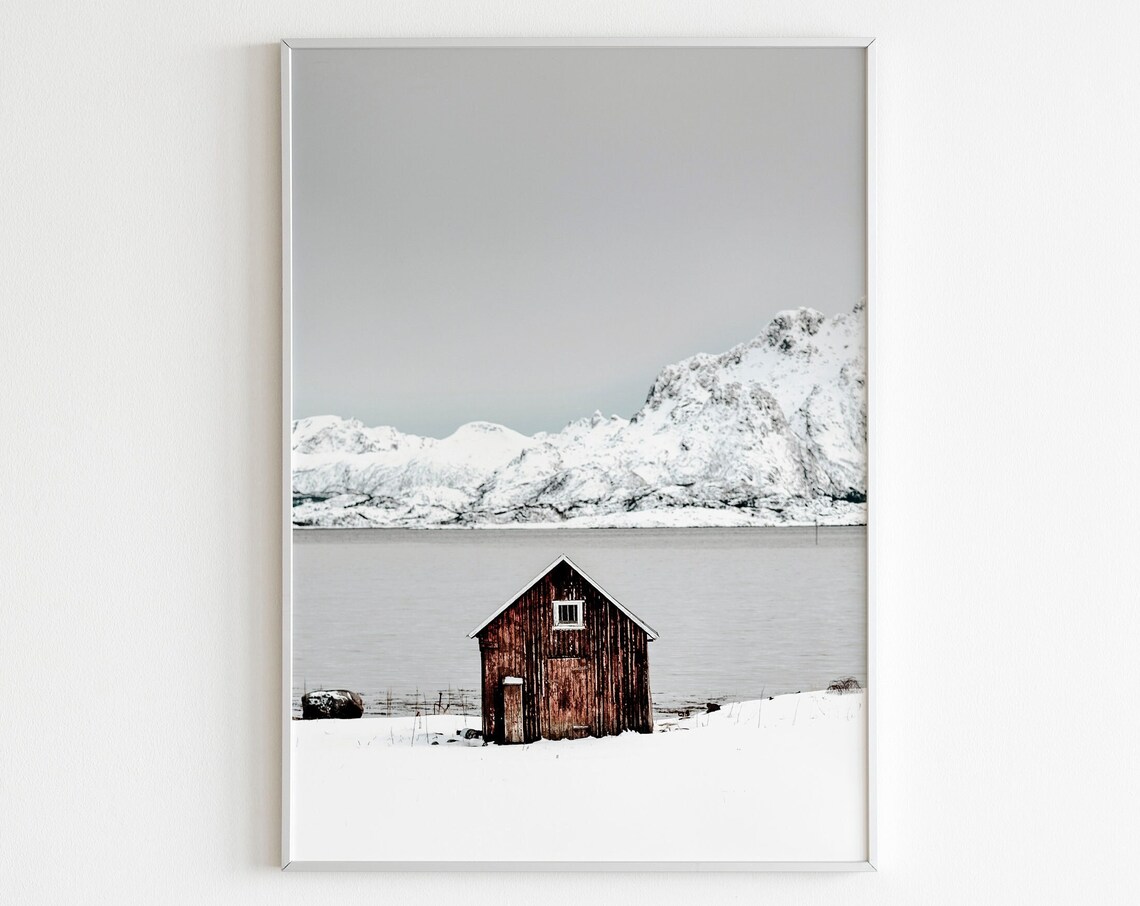 Red Wooden Cabin In Snowy Norway Mountains Winter Travel Wall Print