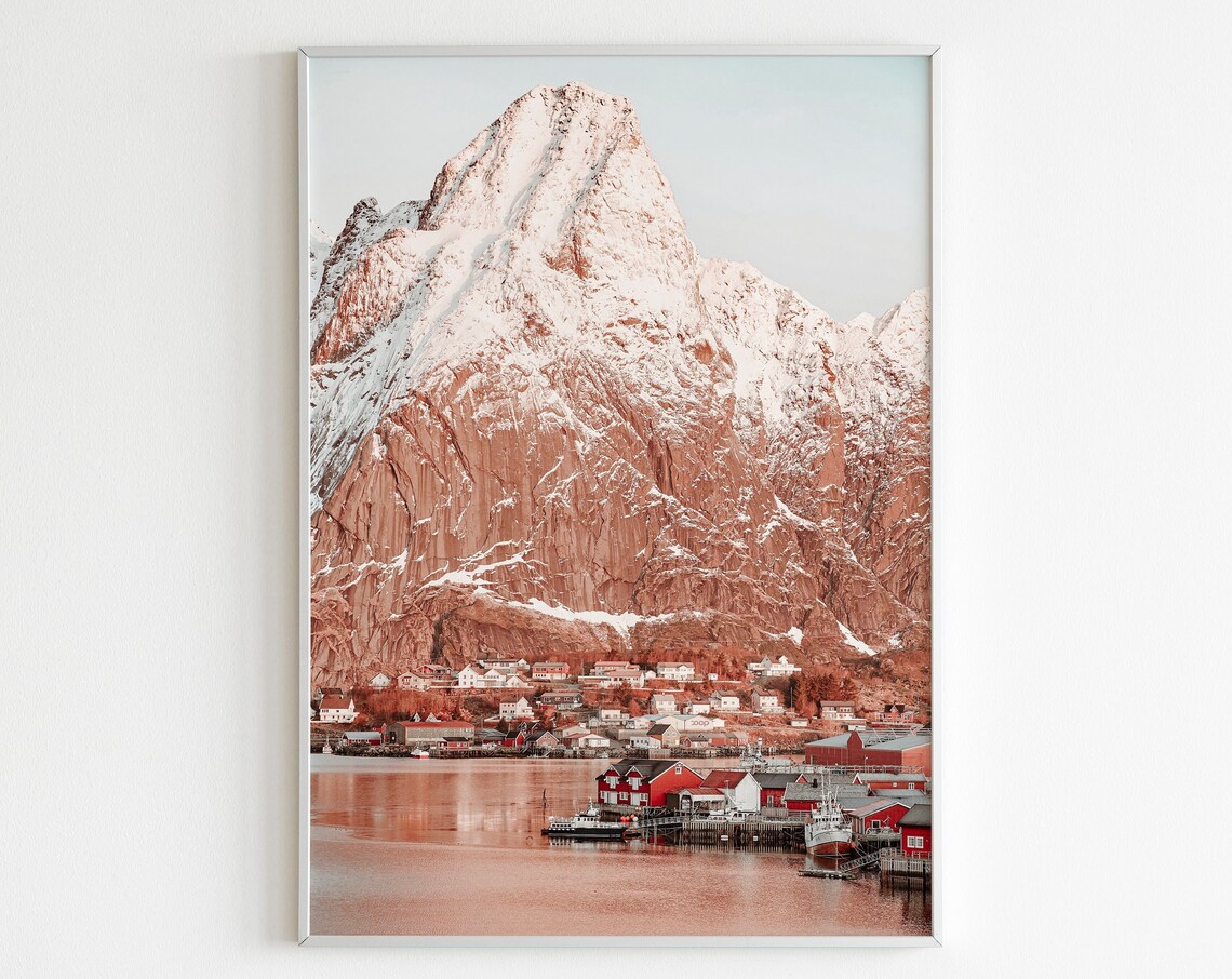 Norway Snowy Mountain Peak Above Fishing Village Photography Poster