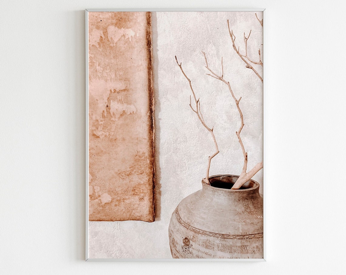 Rustic Terracotta Clay Pot With Branches Minimal Earth Tone Wall Print