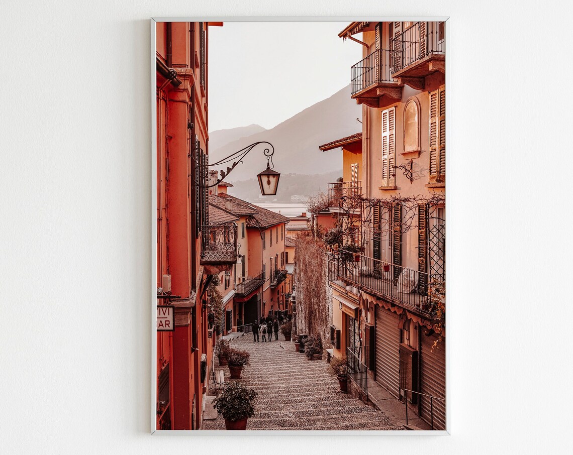 Lake Como Italy Red Buildings Cobbled Lane Mountain View Wall Print