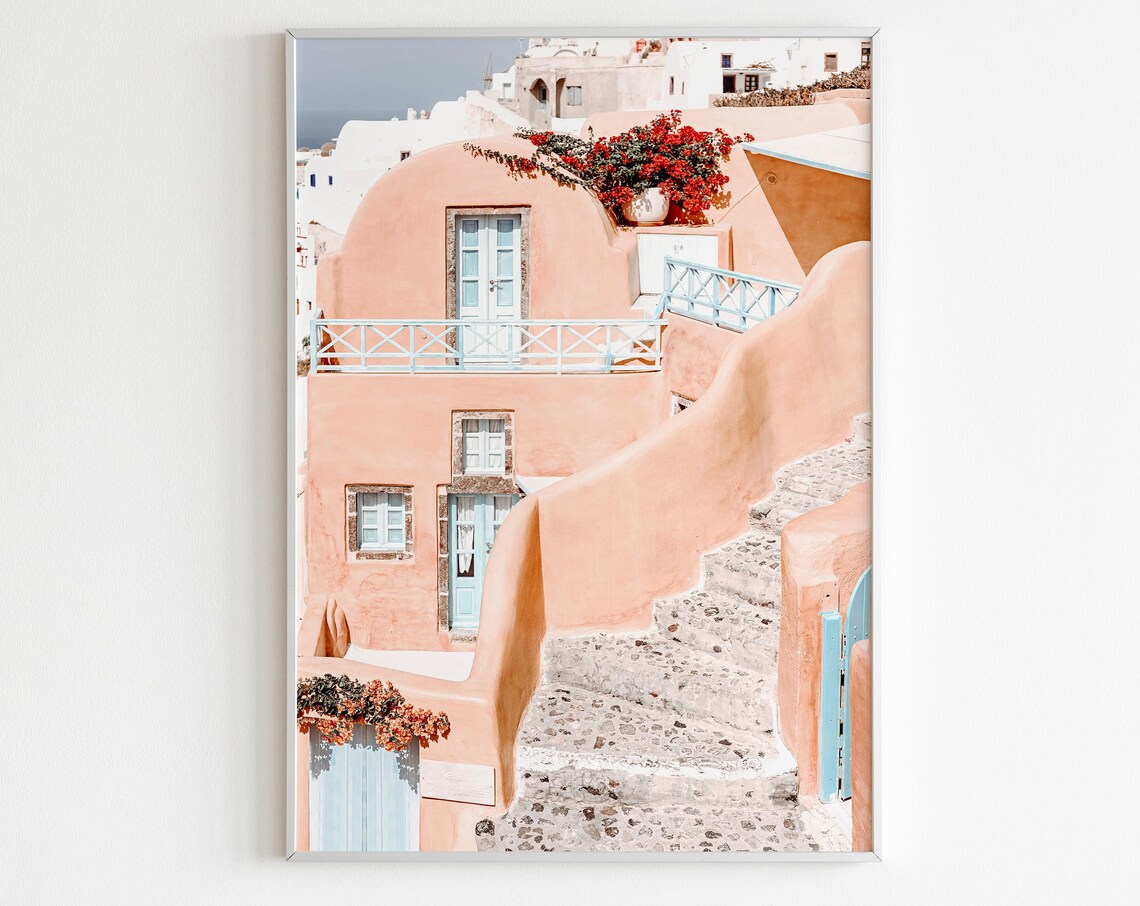 Santorini Pink Stairs Blue Doors Bougainvillea Greece Travel Poster