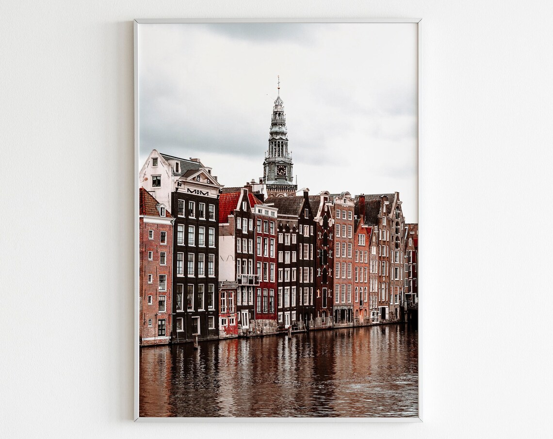 Amsterdam Gabled Canal Houses with Church Tower Photography Poster