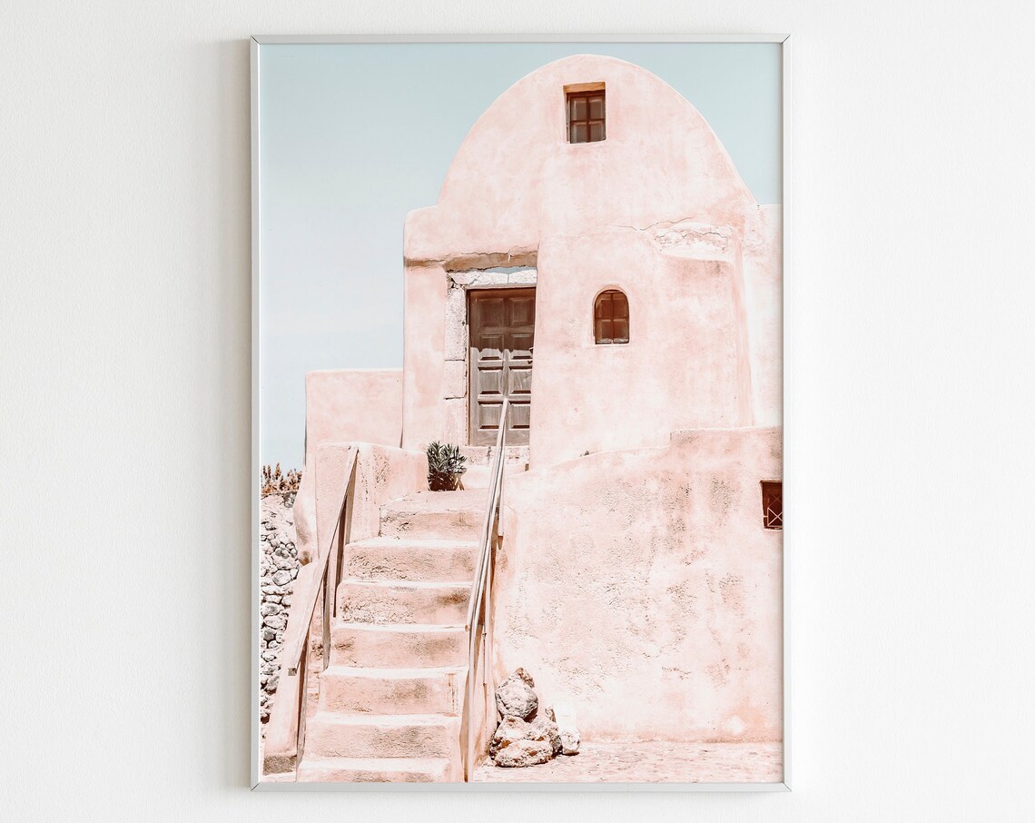 Pastel Pink Island Chapel with Stone Staircase Photography Poster