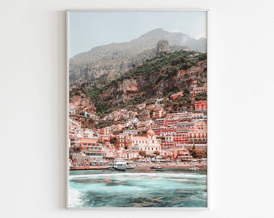 Positano Cliffside Houses Sea View Pastel Photo Italy Travel Poster
