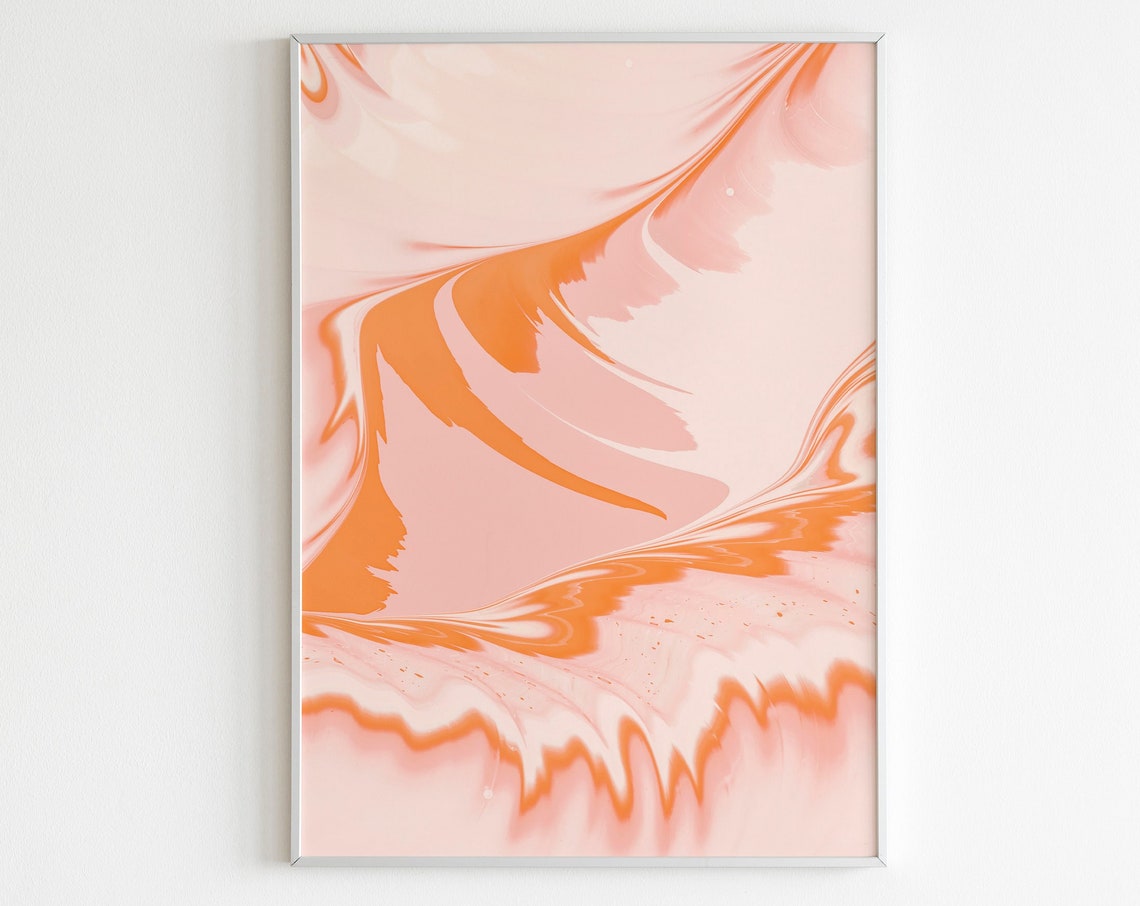 Peach Orange Marbled Swirl Fluid Motion Soft Abstract Wall Art