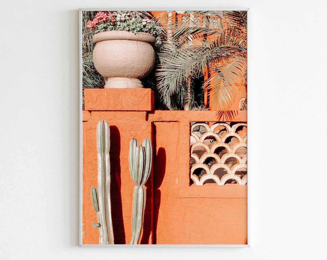 Cacti And Stone Planter Against Bright Orange Moroccan Wall Art