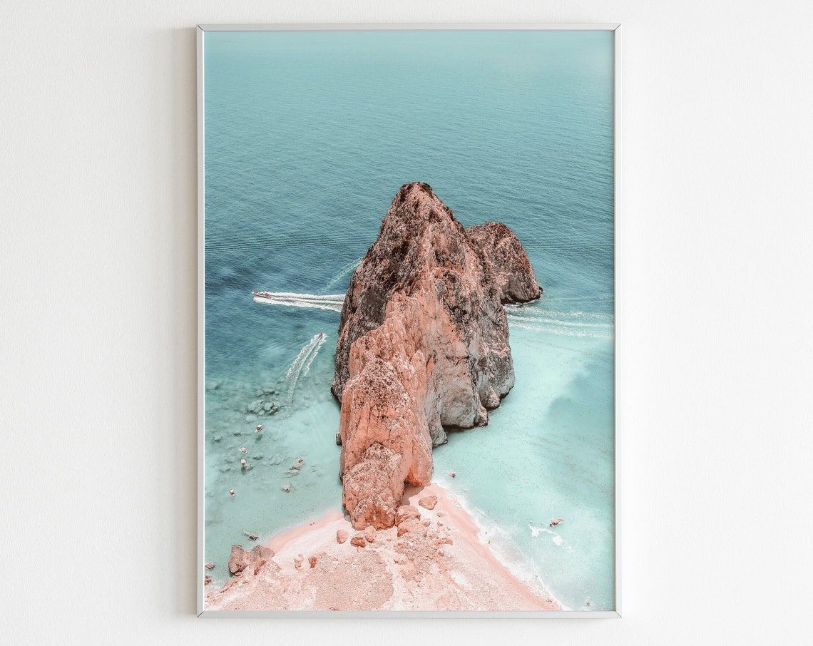 Rocky Sea Stack In Turquoise Ocean Aerial View Coastal Wall Art