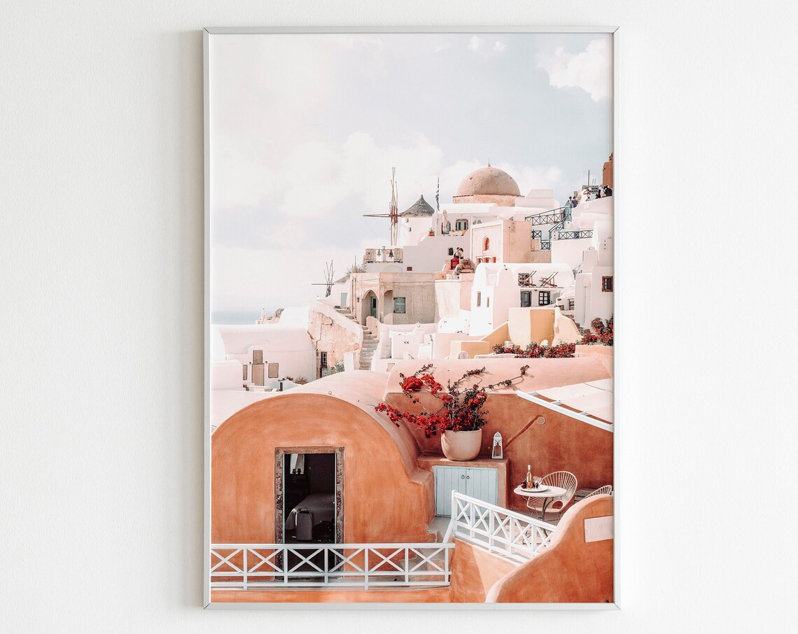 Santorini Greece Oia Windmill Terracotta Courtyard Travel Wall Print