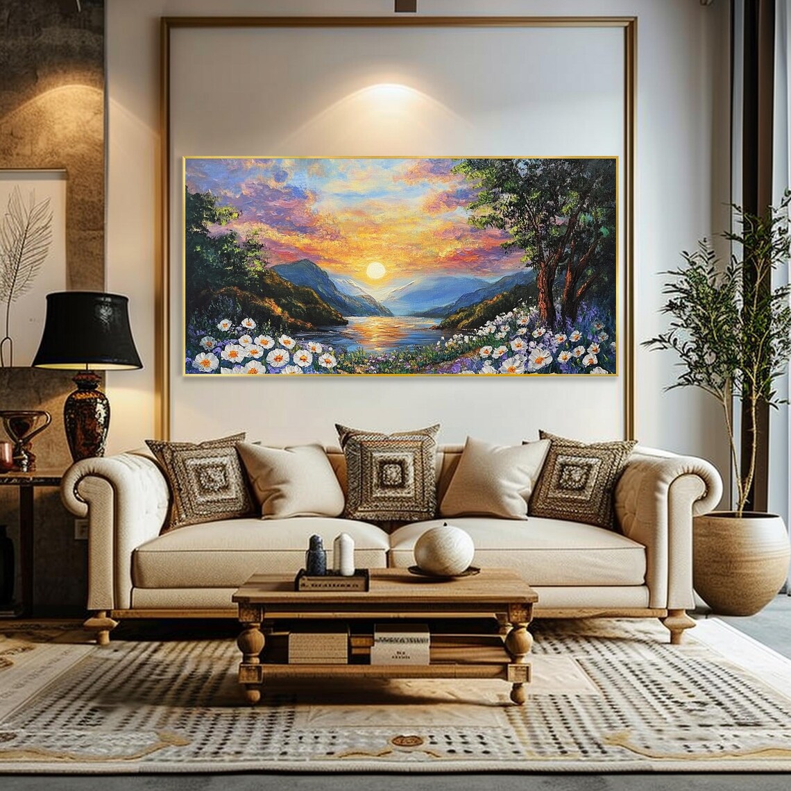 Sunset Mountain Lake Daisy Wildflowers Impasto Oil Painting Wall Art - Image 2