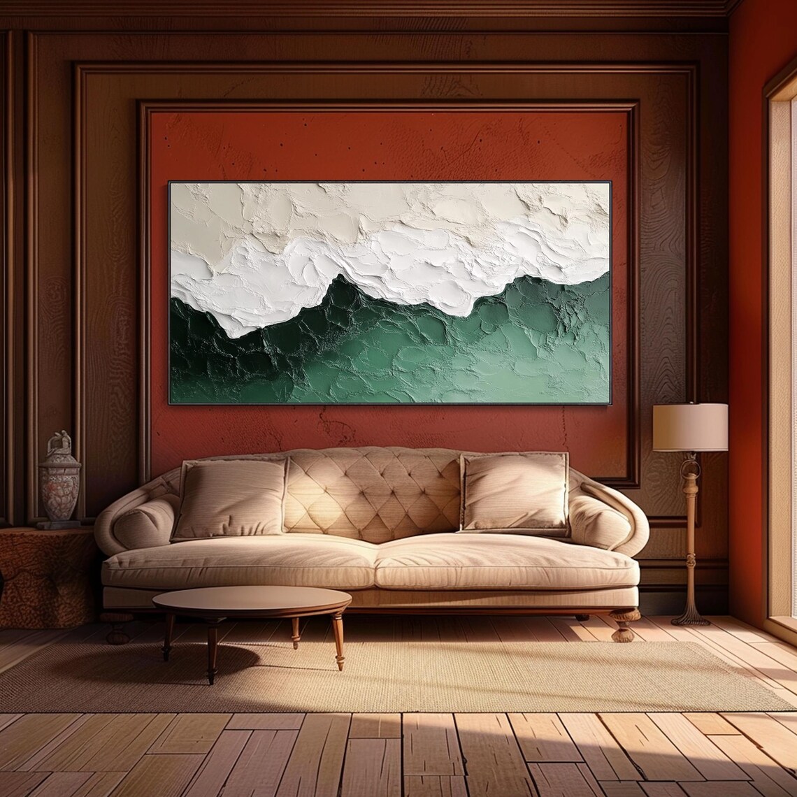 Minimalist Green White Ocean Waves Abstract Textured Oil Painting Wall Art - Image 4